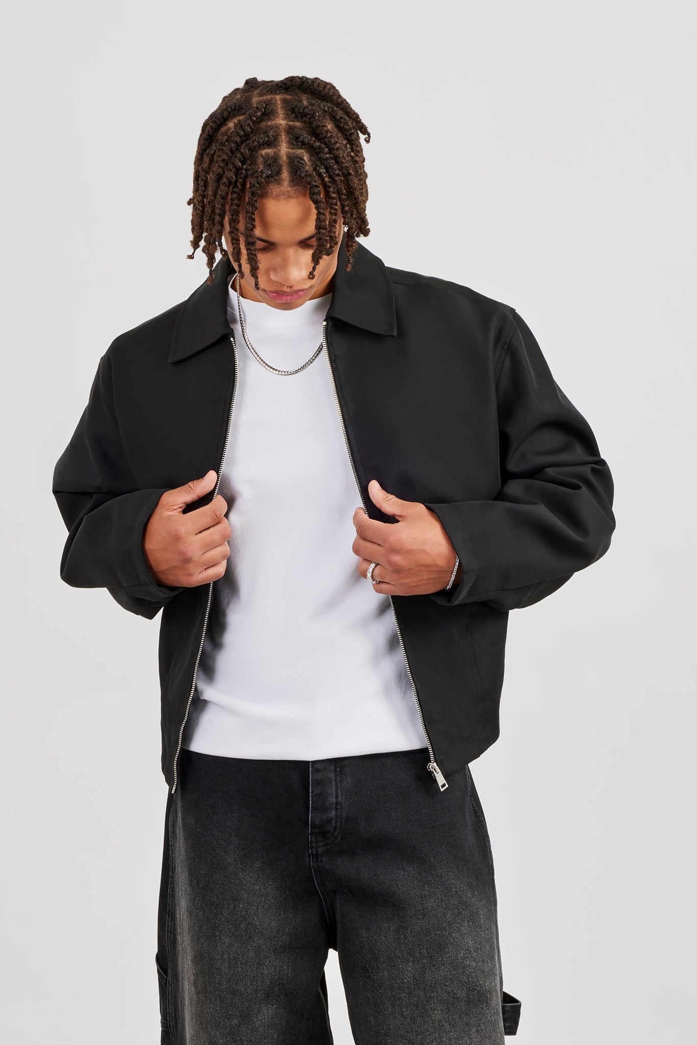 Boxy Twill Harrington Jacket - Black